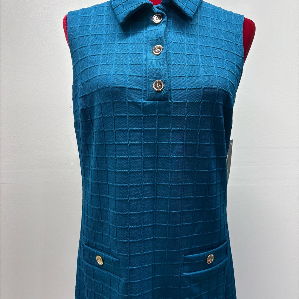 New Stella & Julie Sleeveless teal Blue Textured lapel collar Dress Sz 10 casual - Picture 5 of 8